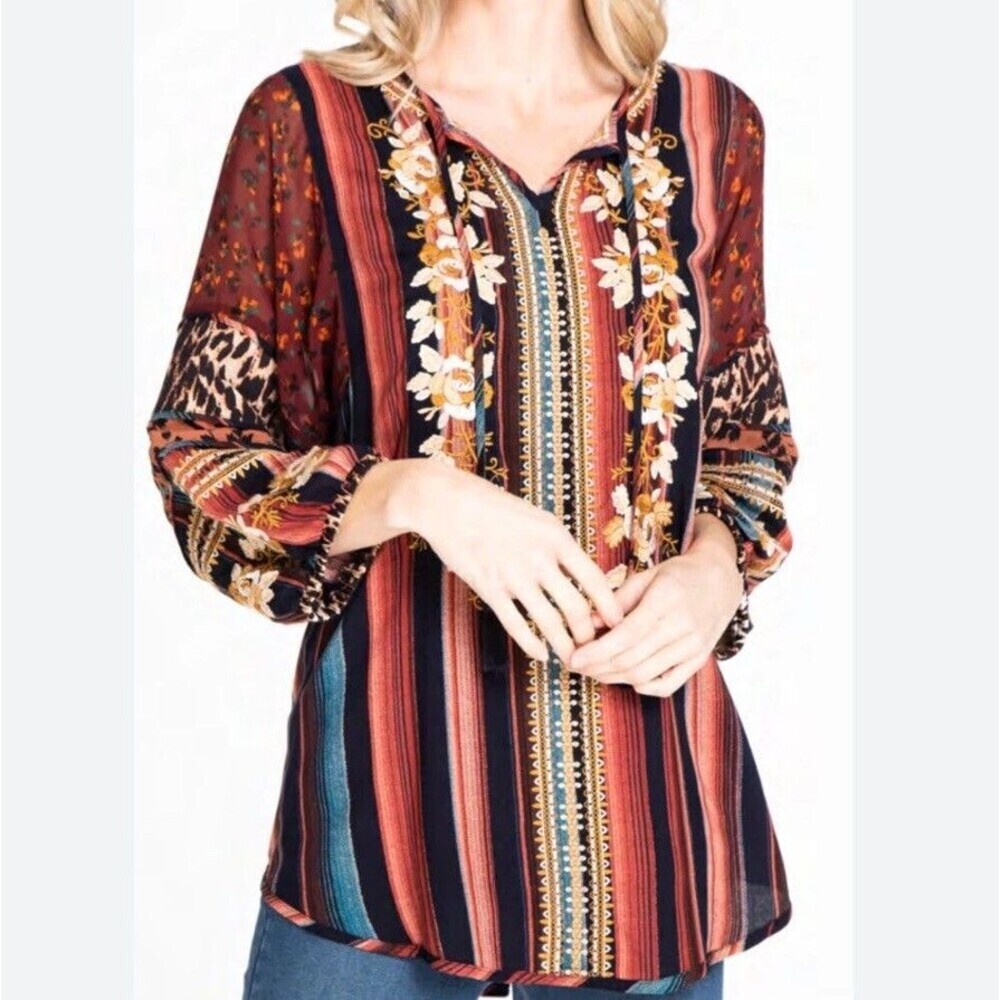 John Mark Womens Embroidered Stripe Tassel Tie Tunic Boho Floral Contrast XL